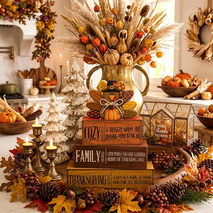 Moucuny 4 Pcs Fall Decorations for Home Wooden Turkey Decor Thanksgiving Tiered - Image 6