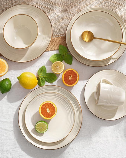 Famiware Jupiter Dinnerware Set, Plates and Bowls Dish Sets for 6 (18 Pieces), Microwave and Dishwasher Safe Stoneware Speckled Tableware, Chip and Scratch Resistant, Vanilla White