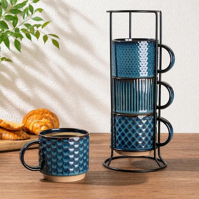 GBhome 12 OZ Stackable Coffee Mugs Set of 4, Ceramic Coffee Cups Set | Coffe by GBhome