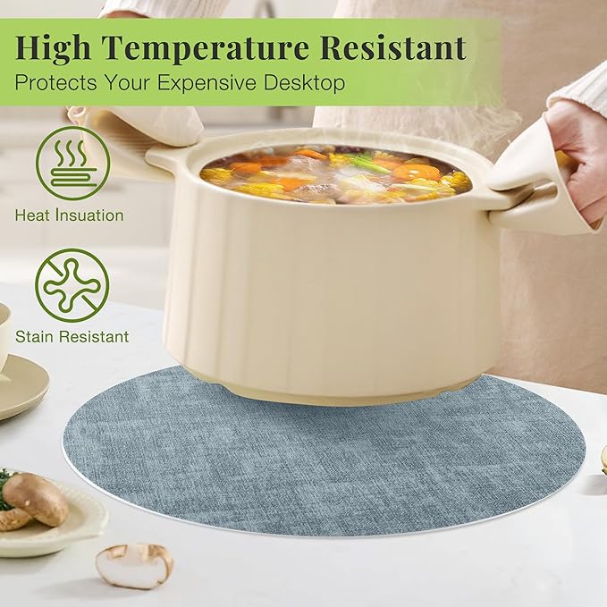 13-Inch Faux Leather Round Placemats Set of 8, Waterproof Anti-Slip Dual Sided Place mats, Heat Resistant Washable Table Mats with Coaster, Suitable for Indoor & Outdoor (8, Black Light Blue)