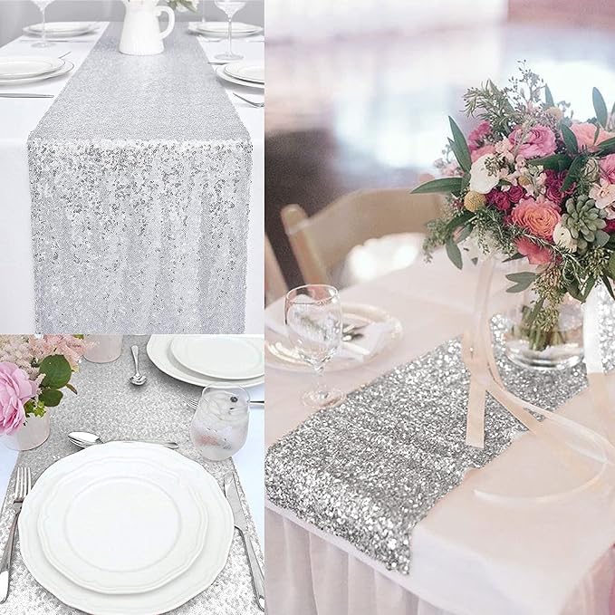 12 Packs 12 X 72 Inch Silver Sequin Table Runner Glitter Dining Table Runner - Image 9