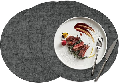 15 inch Faux Leather Round Placemats Set of 4 Non-Slip Washable Wipeable Table Mats, Heat Resistant Waterproof Oilproof Black Place Mats for Kitchen, Dining, Party, Indoor, Outdoor