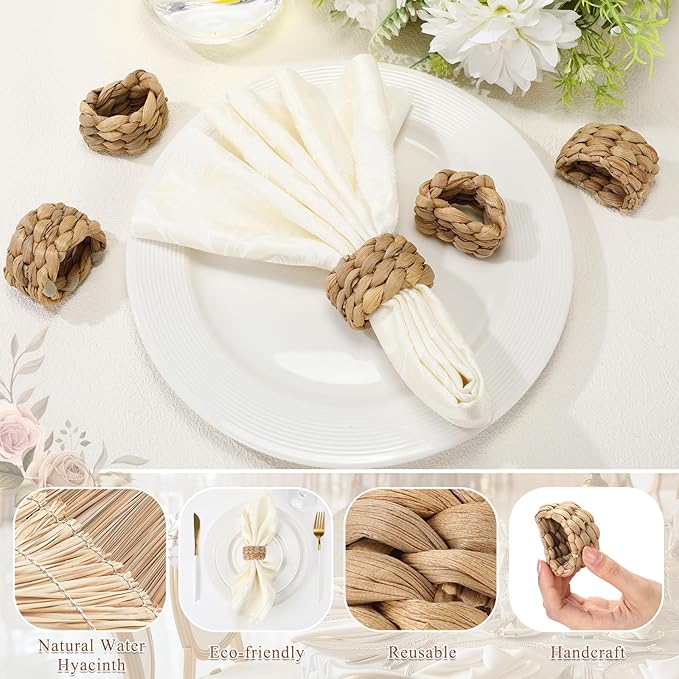 LemonRoad 50 Pcs Napkin Rings, Wood Color Woven | Water Hyacinth, Farmhouse - Image 3