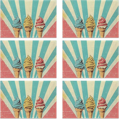 Vintage Ice Cream 12x18 Inch Placemats Set of 6 - Waterproof, Non-Slip & Washable Table Mats for Kitchen & Dining Table Placemats