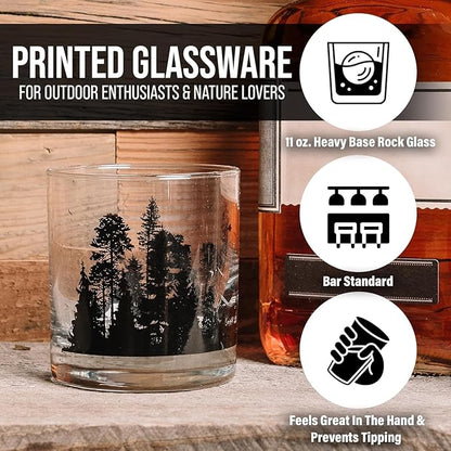 Black Lantern Cabin in the Forest Whiskey Glass Set – 11oz Old Fashioned Rocks Tumblers with Cabin & Pine Tree Design | Hand-Printed Heavy-Base Barware for Bourbon, Scotch & Cocktails (Set of 2)