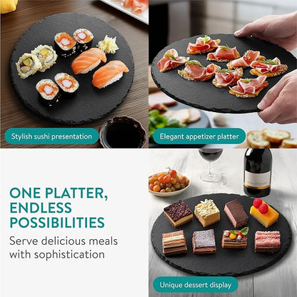 Navaris Slate Plates - Food Contact Safe Black Stone - Cheese Platter Serving Charcuterie Boards - Round Slate Tray Slab Plate Cheese Board - Set of 4 11" Plates (28 cm)