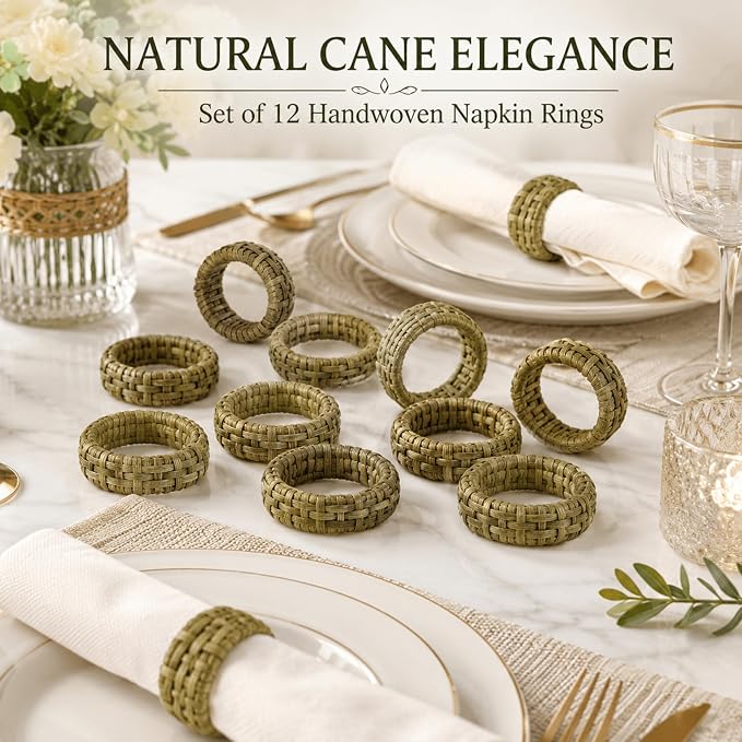 Cane Woven Napkin Rings Set of 12, Versatile Cane Napkin Holder Natural - Image 2