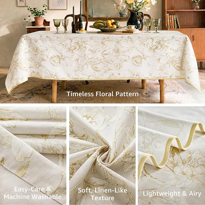 jinchan Yellow Floral Linen Rectangle Table Cloth 50 x 84 Inch | Elegant floral - Image 3