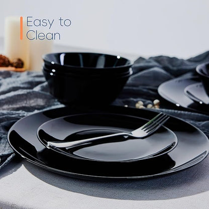 7.5 inch Appetizer Plate Set of 6, Lightweight Opal Glass Round Black Salad Plates for Dessert Kitchen, Dishwasher and Microwave Safe