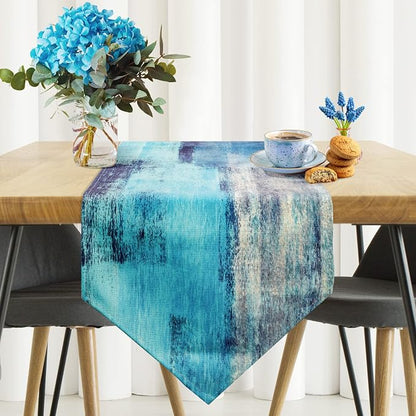 Turquoise and Grey Table Runners 90 Inches Long, Teal Abstract Modern Art - Image 2