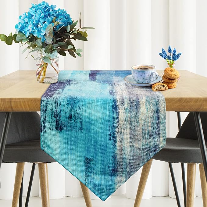 Turquoise and Grey Table Runner, Teal Abstract Modern Art Burlap Table Runners - Image 2