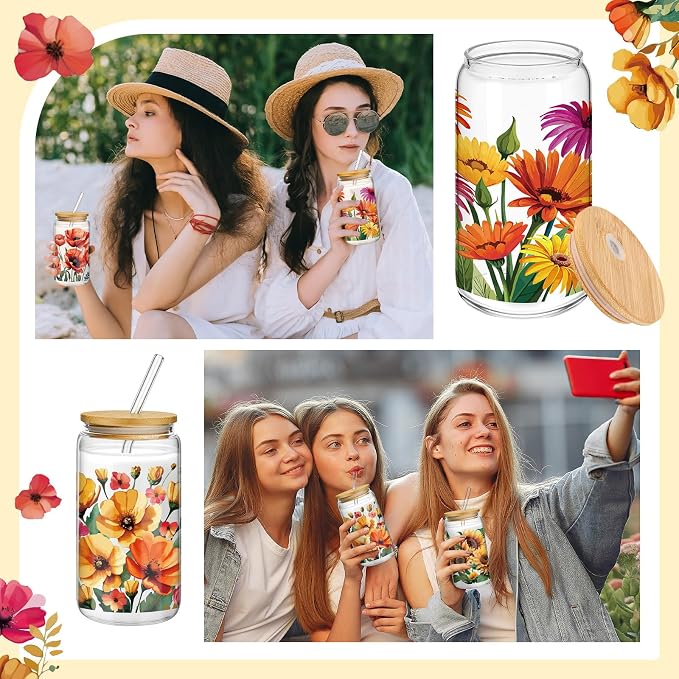 Mumufy 4 Pack Wildflower Glass Cups Gift Aesthetic Cute Glass Cup Tumbler - Image 7