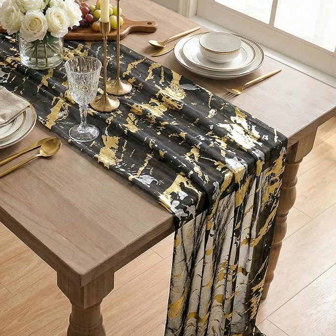 Artoid Mode Marble Pattern Black Gauze Table Runner 10FT, Glitter Metallic Foil - Image 5