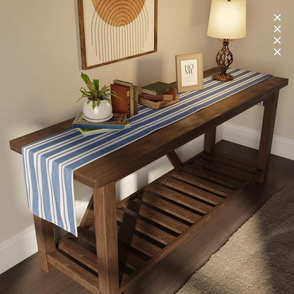 Encasa XO Table Runner, Woven Cotton Dining Runner 13"x48" Franca Blue Stripes - Image 2