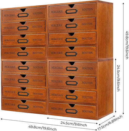 4PCS Stackable Wooden Desk Organizer with Total 16 Drawers, Apothecary Cabinet Library Card Catalog Cabinet Tabletop Vintage Apothecary Chests Cabinets Herb Storage Box with Drawers