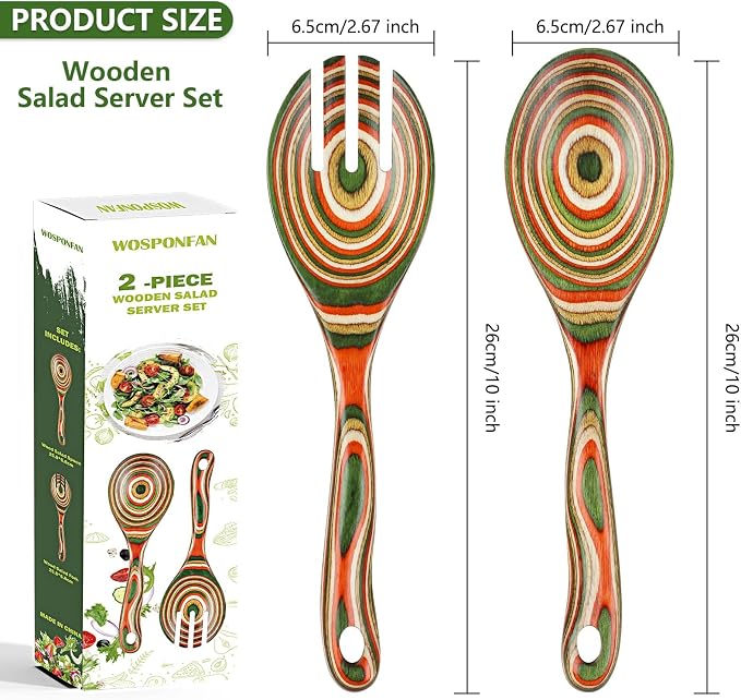 Salad Tongs, Pakkawood Wooden Spoons, Mixing Dinner Fork and Spoon | 10.5in - Image 3