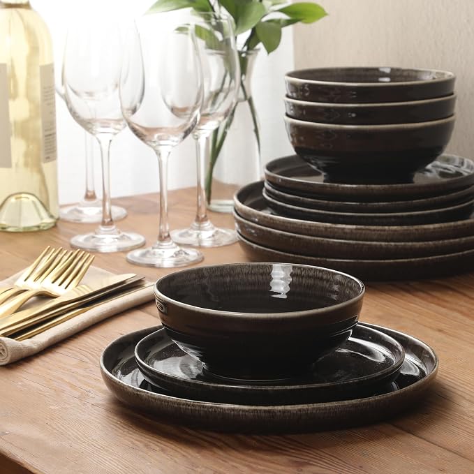 Gibson Elite Eclipse Swirls Plates and Bowls Sets, 12-Piece Stoneware - Image 4