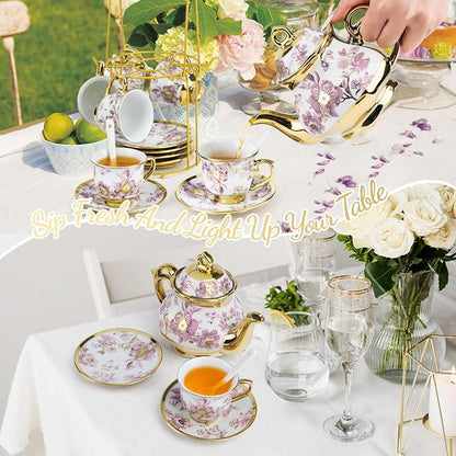 20 Pcs Porcelain Tea Set With Metal Holder, - Image 8