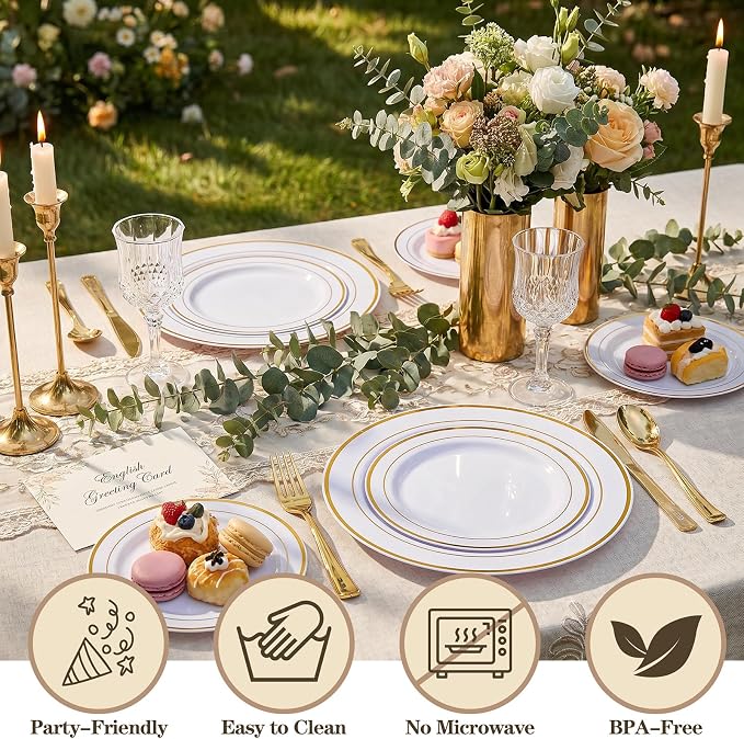 102 Pcs Gold Plastic Plates, Premium Disposable Gold Plates | Gold Rimmed - Image 5