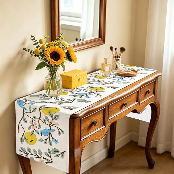 Embroidered Table Runner 14x72 Inch, 3D Textured Lemon Floral Canvas Dresser - Image 5
