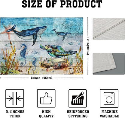 Giwawa Sea Life Placemats Set of 4- Sea Turtle Seahorse Whale Ocean Animal Place Mats- Vintage Compass Wood Board Heat Resistant Linen Table Mats 12"x18" for Dining Kitchen Summer Decoration