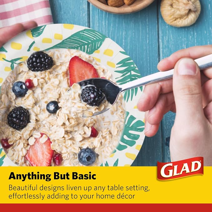 Glad Round Disposable Paper Bowls, Palm Leaves Pattern, 16 Oz, soak-proof and - Image 4