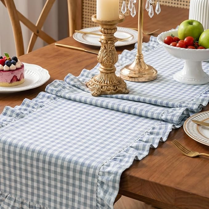 Eternal Beauty 14x72 Gingham Ruffle Table Runner, 100% Washed Cotton Plaid - Image 4