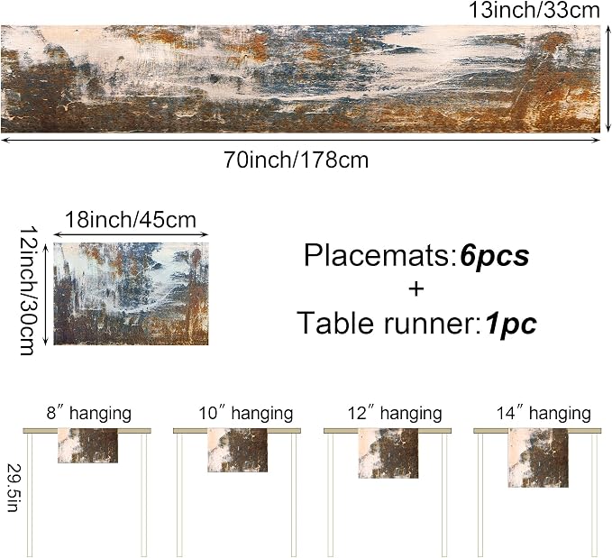 Black Grey Modern Table Runner and Placemats Set of 6, Linen 70" Long | - Image 3
