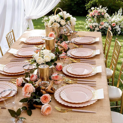 Ciaell 175 PCS Pink Scalloped Plastic Plates with Gold Trim - Pink Plastic Silverware with Handle - Fancy High-End Dinnerware Sets for Wedding & Baby Showers & Party & Valentine's Day