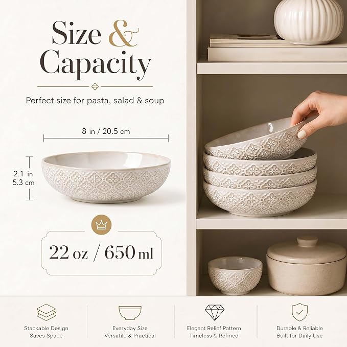 8 inch Pasta Bowls, 22 Oz Ceramic Serving Bowls Set of 4, Embossed Porcelain - Image 3