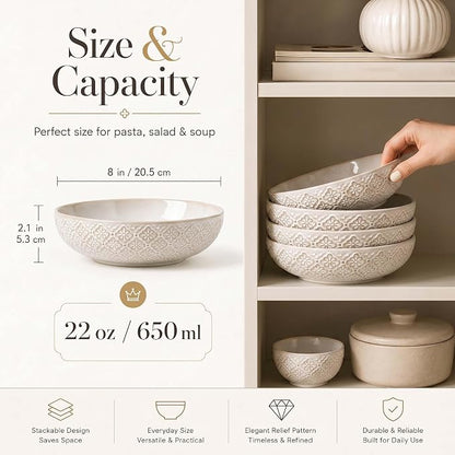 8 inch Pasta Bowls, 22 Oz Ceramic Serving Bowls Set of 4, Embossed Porcelain - Image 3
