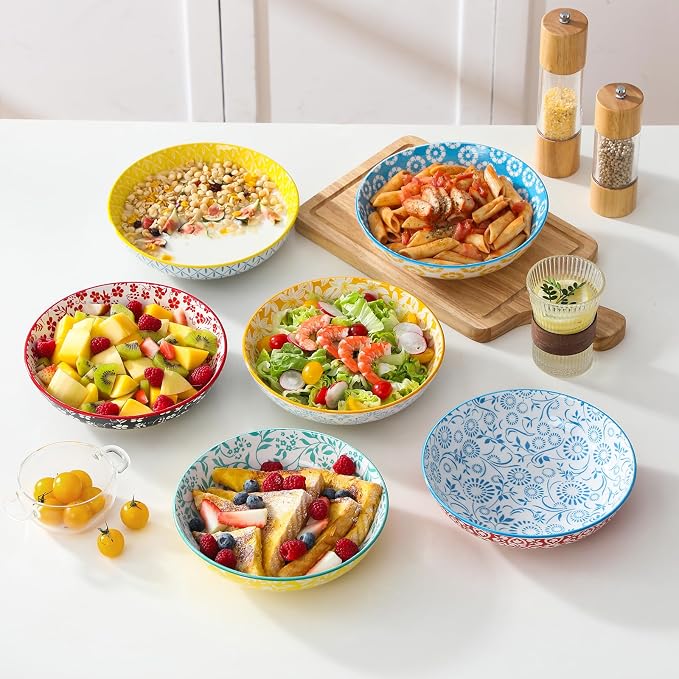 vancasso 8.5" Pasta Bowls Set of 6, 40 oz Porcelain Shallow Salad Bowls - Image 2