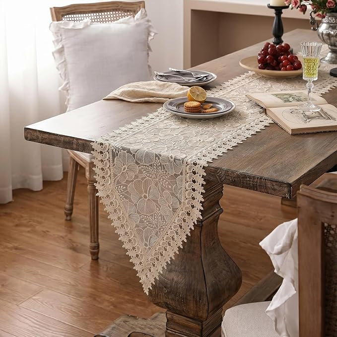 SIOLOC Champagne Lace Table Runner 14 x 72 Inch, Premium Embroidered Floral - Image 4