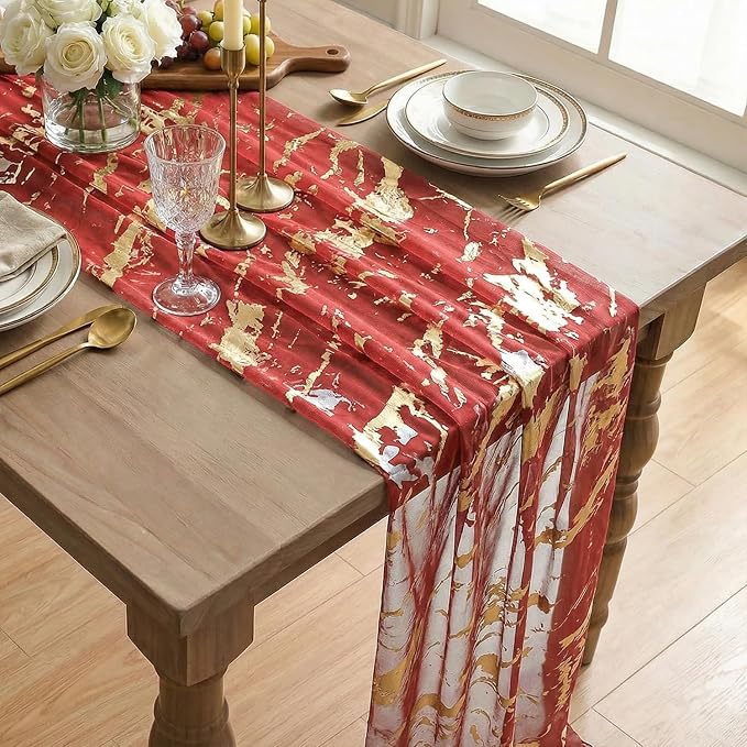 Artoid Mode Marble Pattern Red Gauze Table Runner 10FT, Glitter Metallic Foil - Image 4