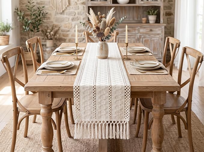 Boho Table Runner with Tassels White - Image 4