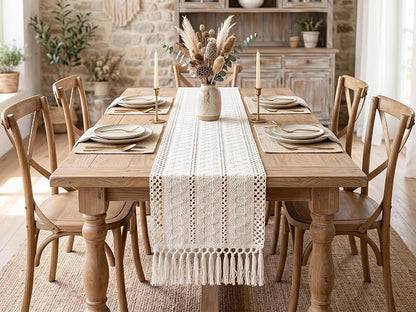 Boho Table Runner with Tassels White - Image 4