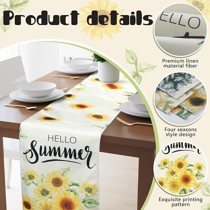 4 Pcs Hello Summer Table Runner Seasonal Table Runners 13 x 72 Inch Maple - Image 3