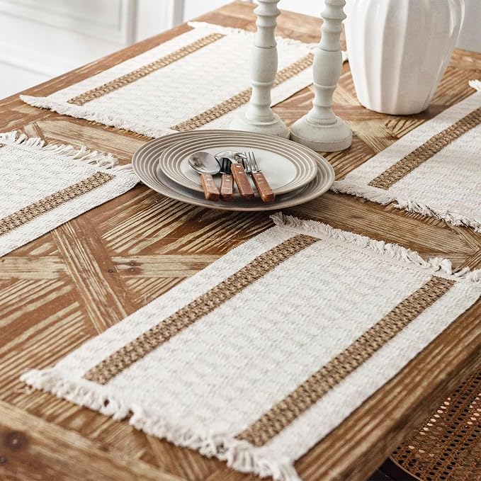 Boho Placemats Set of 4, 12x18 Inch Natural Cotton Burlap and Kitchen Woven - Image 6