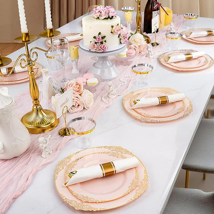 350 PCS Pink and Gold Plastic Plates, Plastic Dinnerware Set for 50 Guests, 100 Disposable Plates, 150 Silverwares, 50 Cups, 50 Napkins for Party, Wedding, Graduation