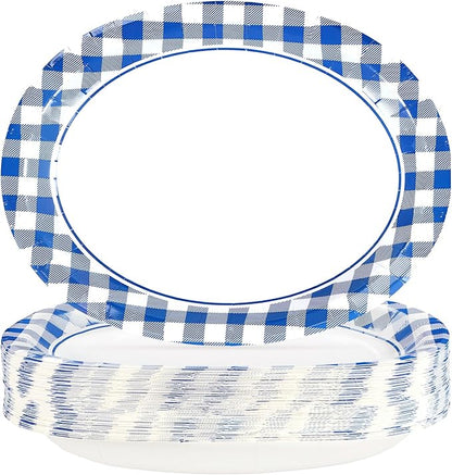 50Pcs Blue and White Gingham Oval Paper Plates 10" x 12" Large Blue Gingham Checkered Plaid Plates Disposable Heavy Duty Oktoberfest Plate for Oktoberfest Holiday Picnic BBQ Birthday Party Decorations