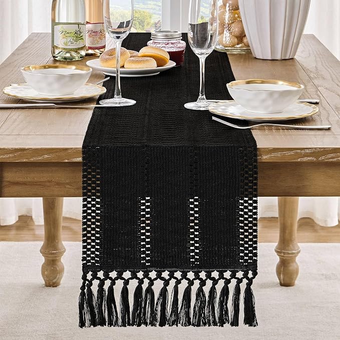 Macrame Style Boho Table Runner, 12x48 Inch Black | Woven Boho Table Runner - Image 2