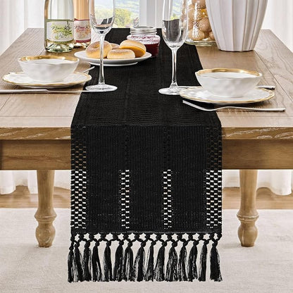 Macrame Style Boho Table Runner, 12x48 Inch Black | Woven Boho Table Runner - Image 2