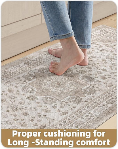 Color&Geometry Kitchen Floor Mats Anti Fatigue, Cushioned Boho Rugs,Waterproof Non Slip Kitchen Runner for Sink, Standing Mats for Office,24"x87",Beige