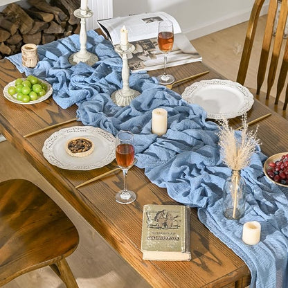 Artoid Mode Boho Cheesecloth Gauze Smoky Blue Wedding Table Runner, 120 Inch - Image 6