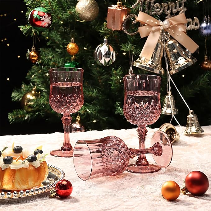 XUWAIDSGN 16 Pcs 7oz Plastic Vintage Wine Glasses Drinking Glasses Unbreakable Wedding Glassware Crystal Water Goblets Reusable Drinkware Vintage Champagne Flutes (16, Rose Gold)