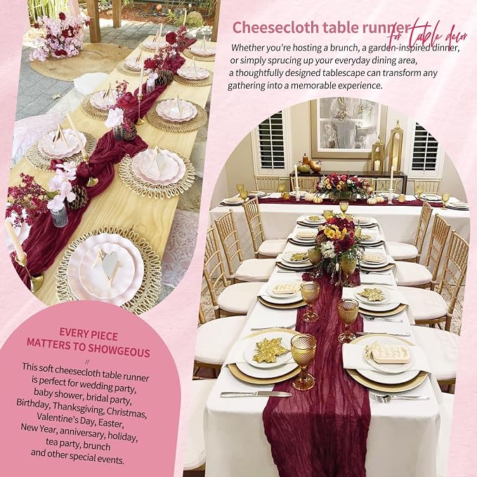 Showgeous 2 Pack Burgundy Cheesecloth Table Runners Boho Wedding Decor | Rustic - Image 8