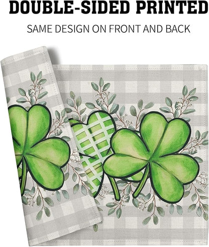 Shamrock St. Patrick's Day Placemats Set of 4 Eucalyptus Leaf Non-Slip Place Mat 12x18 Inch Spring Seasonal Holiday Bufflao Plaid Table Mats for Party Kitchen Dining Decoration