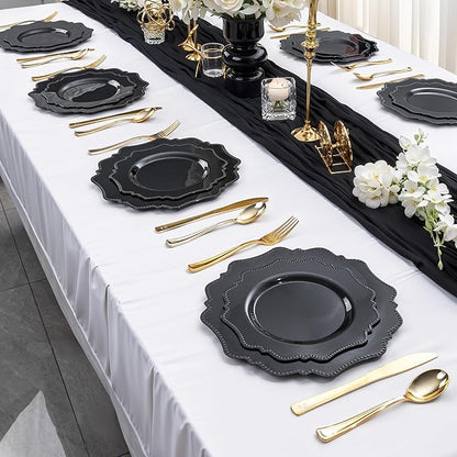 COLOSUS 100pcs Black Plastic Plates - Heavy Duty Black Plastic Plates Disposable for Party/wedding/New Year Include 50pcs Dinner Plates and 50pcs Dessert Plates.