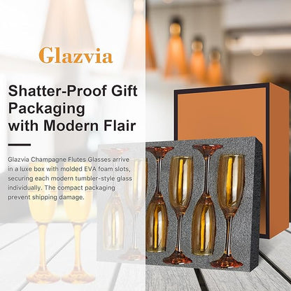 Champagne Flutes Glasses Set of 6-6oz Elegant Amber Glass, Unique Amber Colored Long Stem Champagne Flute Gift for Wedding, Anniversaries, Parties, Birthday, Restaurant, Home Bar