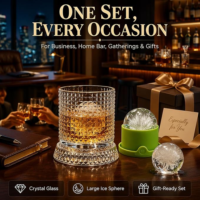 Spinning Whiskey Glass with Large Ice Ball Mold, 360° Rotating Crystal Rocks - Image 6